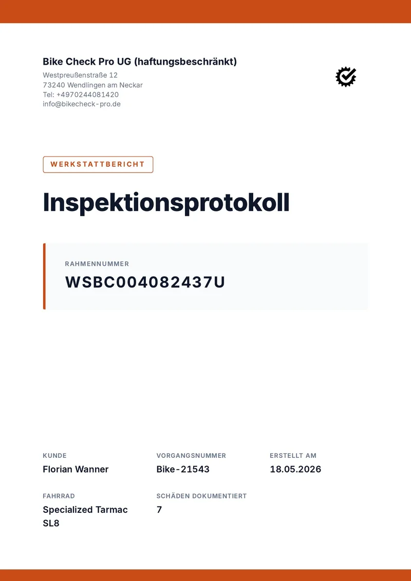Erste Seite eines Beispiel-Inspektionsprotokolls von BikeCheck Pro